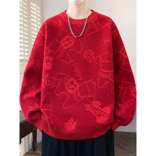 红色毛衣男款冬季本命年小马针织打底衫男加厚保暖大童学生毛线衣