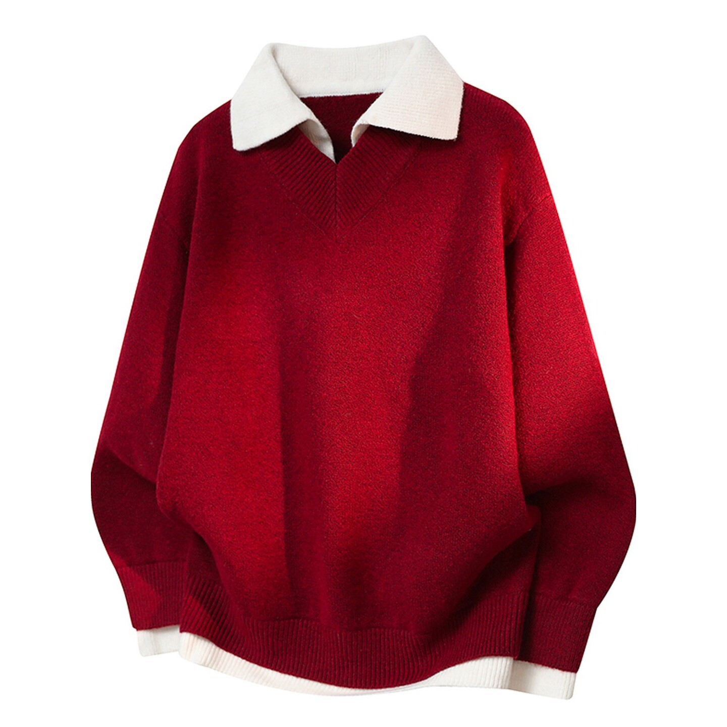 新年红色毛衣男冬季时尚假两件针织打底衫青少年加厚保暖套头线衣