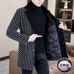 冬季毛呢大衣男中长款潮流修身痞帅条纹风衣高端加厚保暖羽绒外套