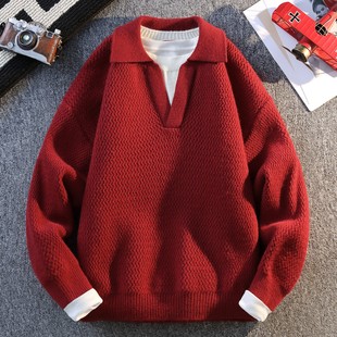 本命年红色美式假两件毛衣男重磅海鸥领POLO衫高级感翻领针织外套