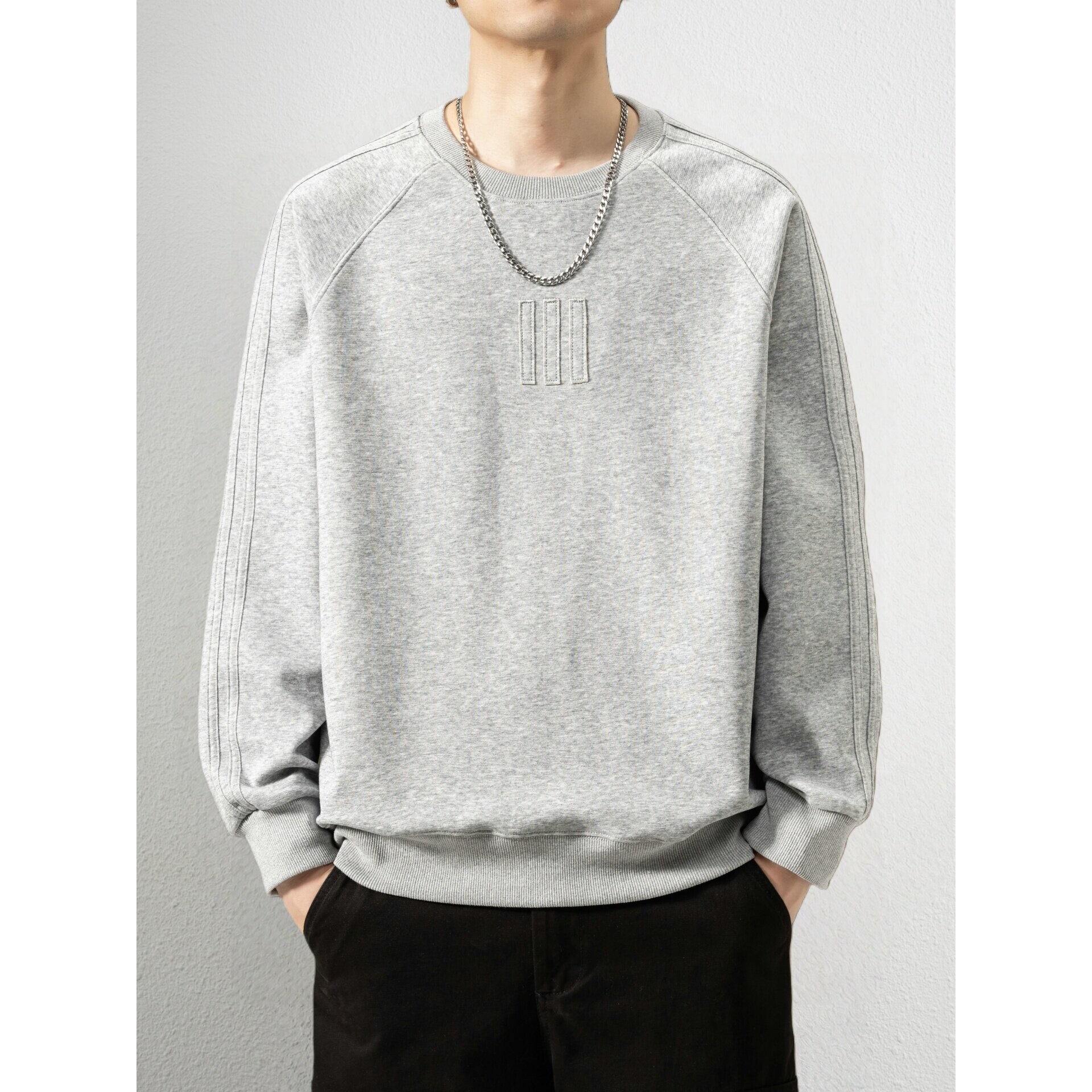 灰色圆领卫衣男拼接百搭打底衫2026春季新款重磅宽松长袖T恤上衣