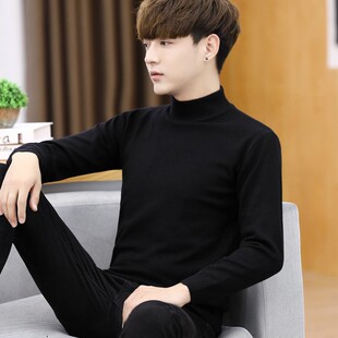 男士毛衣半高领秋冬季修身内搭百搭针织打底衫纯黑色中领潮流线衣