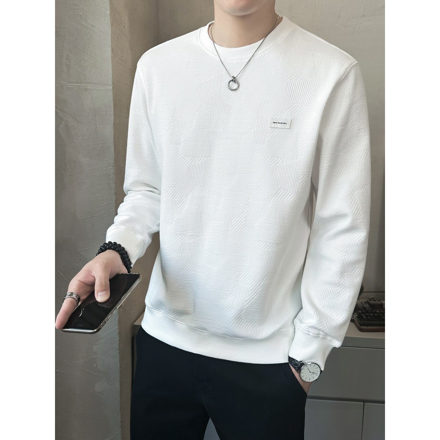 高端提花卫衣男士落肩款宽松打底衫春季2026新款潮牌圆领长袖T恤