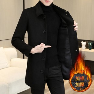 冬季翻领羊毛呢子大衣男中长款休闲男装加棉加厚保暖羊绒风衣外套