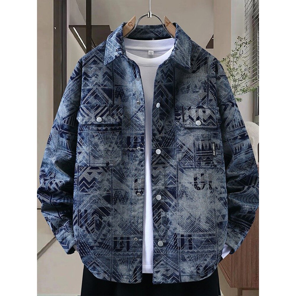 牛仔外套男衬衫式印花设计感翻领夹克2025秋季新款美式复古上衣服