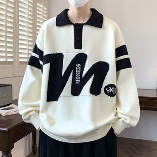 衬衫领毛衣男款秋冬季潮牌学院风拼色POLO领青少年男生针织衫线衣