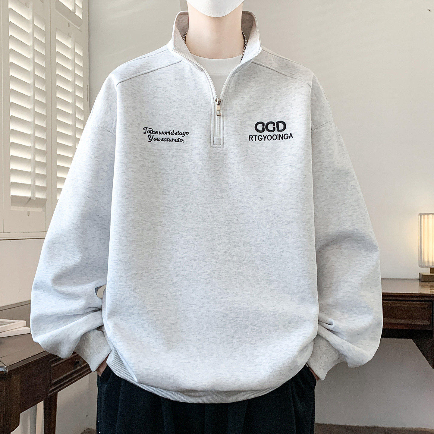 半拉链立领卫衣男士春秋季潮牌宽松刺绣长袖上衣服青少年帅气外套