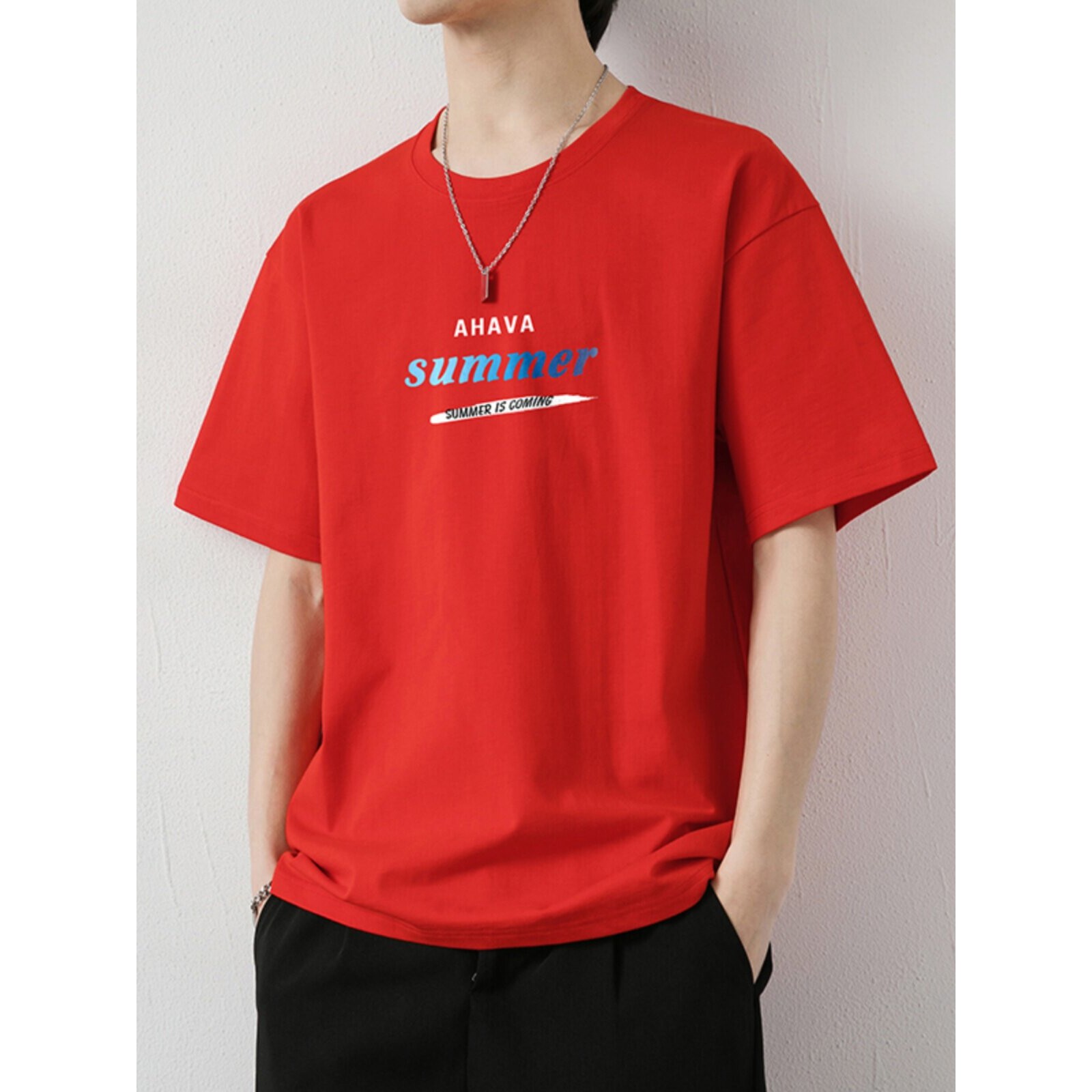 纯棉圆领短袖t恤男夏季薄款凉感红色休闲半袖体恤潮牌宽松五分袖