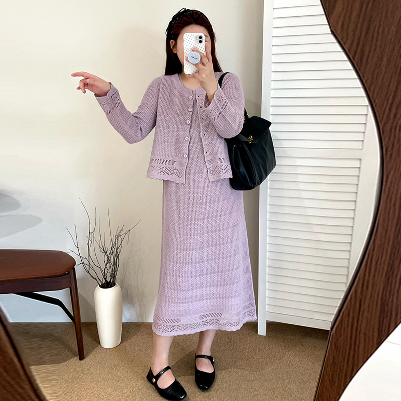 大码镂空设计感针织套装2025秋款胖mm开衫女背心连衣裙套装23181