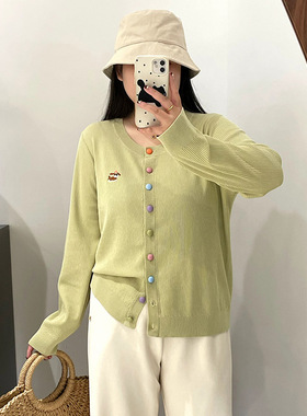 大码女装彩扣针织开衫女长袖外套2025秋款胖mm宽松百搭上衣22860