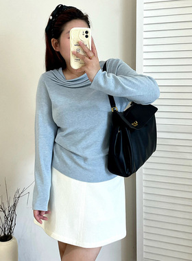 码女装设计感不规则抽褶上衣2025秋新款胖mm气质针织衫女23355