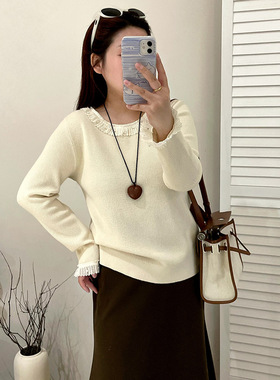 大码女装圆领拼接花边上衣女打底毛衣2025冬胖mm宽松针织衫23500