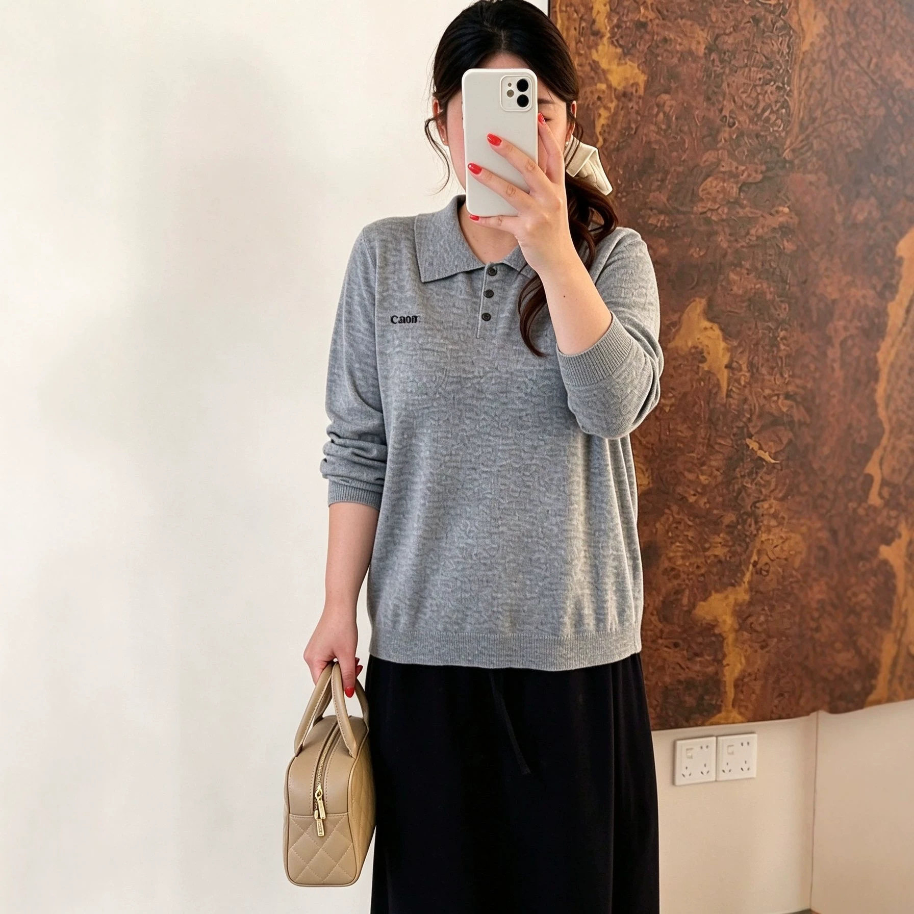 大码半开扣polo领打底衫女上衣2026冬款胖mm宽松刺绣针织衫