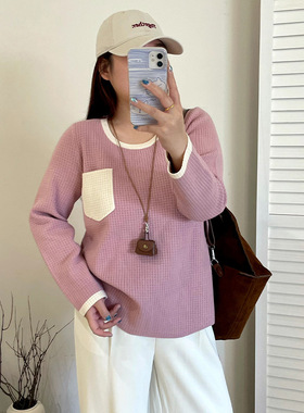大码女装撞色休闲华夫格毛衣2025冬胖mm外穿内搭宽松针织衫22515