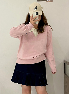 大码女装假两件上衣女气质甜美学院风毛衣2025冬胖mm针织衫22773