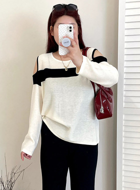 大码女装设计感露肩撞色上衣2025秋款胖mm休闲宽松针织衫女23215