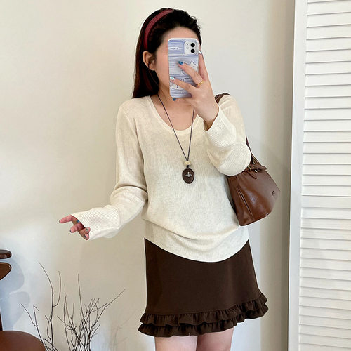 乃粒大码女装百搭u领毛衣女打底衫2025冬胖mm内搭宽松长袖针织衫
