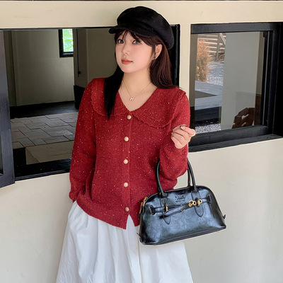 大码女装娃娃领气质红色外套女彩点毛衣2024冬胖mm针织开衫22695