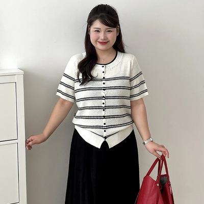 大码女装休闲圆领短袖t恤女条纹衫2026夏胖mm百搭显瘦针织衫23832