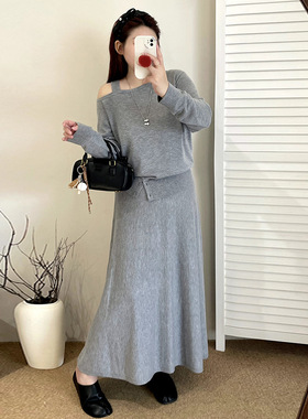 大码设计感露肩上衣半裙针织套装2025秋胖mm宽松慵懒两件套23505