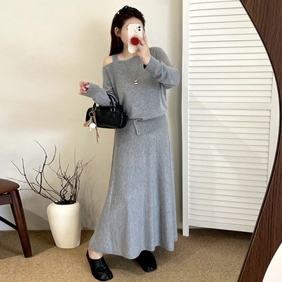 大码设计感露肩上衣半裙针织套装2025秋胖mm宽松慵懒两件套23505