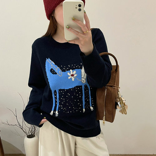 乃粒大码女装圆领提花针织衫宽松慵懒感毛衣2025秋冬胖mm休闲上衣