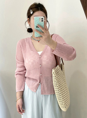 大码女装百搭长袖上衣外套2025夏胖mm薄款开衫女宽松针织衫22981