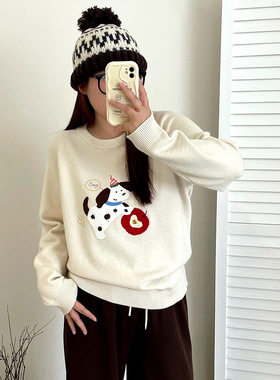 乃粒大码女装圆领上衣女毛巾绣小狗毛衣2025冬款胖mm针织衫23321