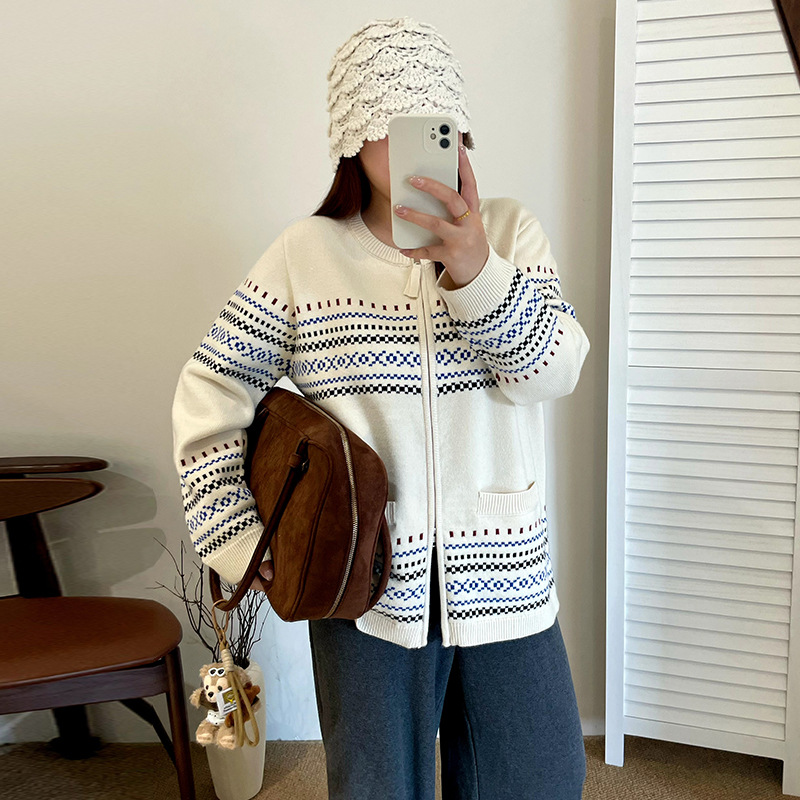 大码女装圆领双拉链外套女提花针织衫2025冬款胖mm宽松开衫23553