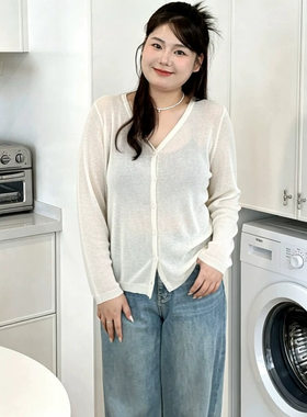 大码女装百搭纯色薄款外套休闲上衣2026春胖mm宽松针织开衫