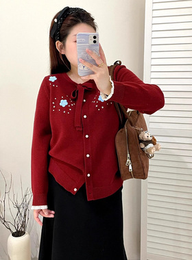 大码女装设计感绑带圆领上衣女刺绣针织衫2025冬款胖mm开衫23357