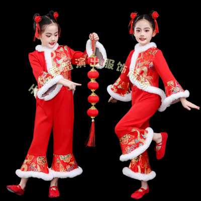 元旦儿童喜庆演出服东北秧歌舞蹈女开门红中国红扇子舞打鼓服拜年