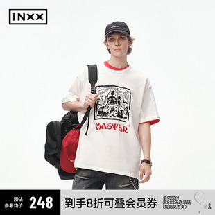 男女同款 组合刺绣短袖 MASTER 冲霄汉植绒印花上衣情侣 INXX