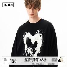 颜安同款 INXX水墨爱心印花长袖T恤男宽松美式中性风休闲上衣女潮