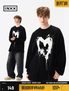颜安同款 INXX水墨爱心印花长袖T恤男宽松美式中性风休闲上衣女潮