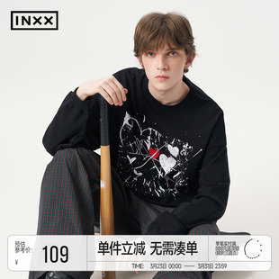 水墨涂鸦宽松圆领上衣情侣 T恤男女同款 INXX美式 休闲风落肩袖