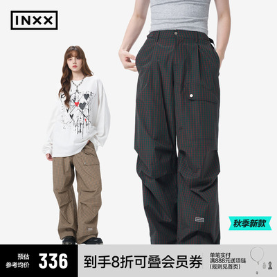 【INXX】工装风格纹休闲裤男女同款格子裤子字母撞色绣花宽松长裤