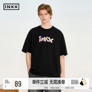 王星越同款 INXX趣味拼接花形logo短袖T恤男立体撞色五分袖上衣女