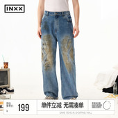 宽松休闲直筒裤 INXX脏洗喷马骝牛仔长裤 男复古做旧水洗阔腿裤