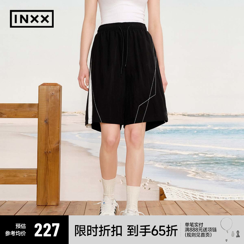 【INXX】运动街头感休闲短裤男女同款黑白撞色拼接直筒宽松五分裤