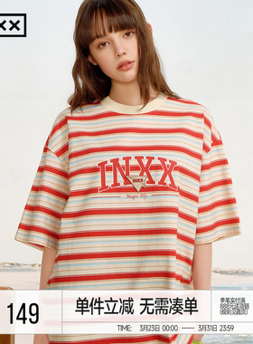 INXX明星同款 美式校园感圆领T恤男复古条纹印花短袖宽松五分袖女