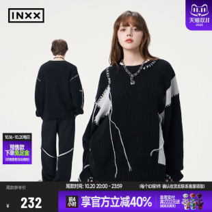 手缝线设计圆领上衣情侣XRF3061253 黑白撞色拼接针织衫 INXX