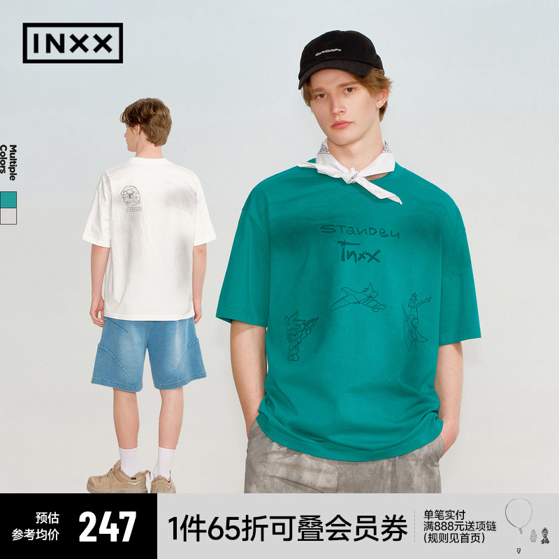 【INXX】喷染做旧圆领短袖上衣男创意手绘主题印花宽松T恤情侣款