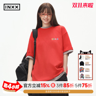 INXX彩色软糖感纯棉印花T恤女2026新款短袖简约宽松圆领男式上衣