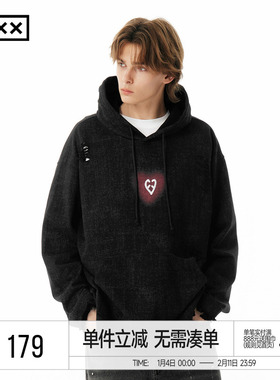 INXXAPYD 简约重磅连帽卫衣男黑色剪破下摆套头帽衫女潮牌