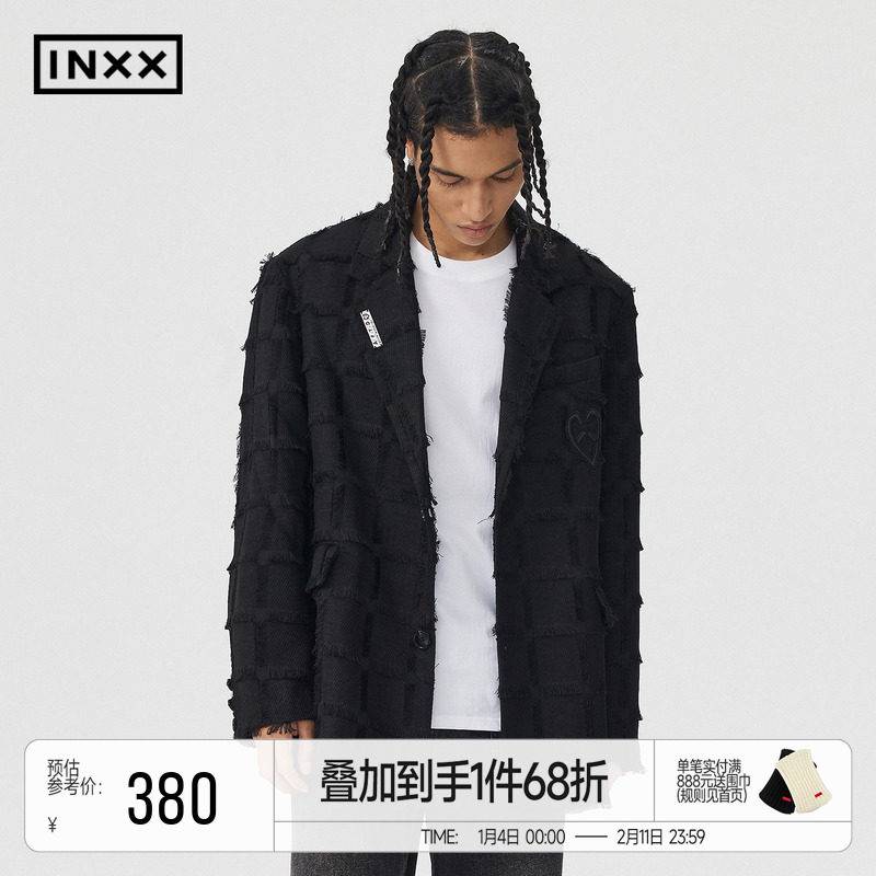 INXXAPYD 复古格纹西装外套男女同款黑色毛边提花休闲西服,淘宝优惠券,粉丝福利购,淘宝优惠卷