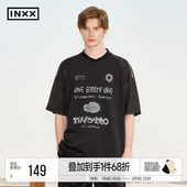 INXX美式 上衣男女同款 街头小v领短袖 T恤甲骨文印花宽松五分袖