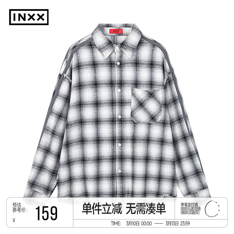 INXX美式复古撞色格子衬衫男时尚宽松bf风休闲衬衣情侣装