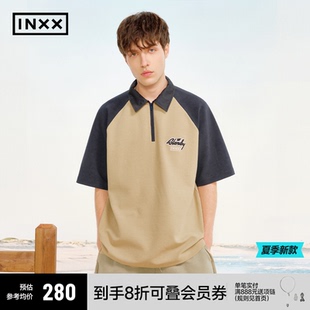 男半拉链休闲短袖 POLO衫 INXX T恤女宽松半袖 复古撞色插肩袖