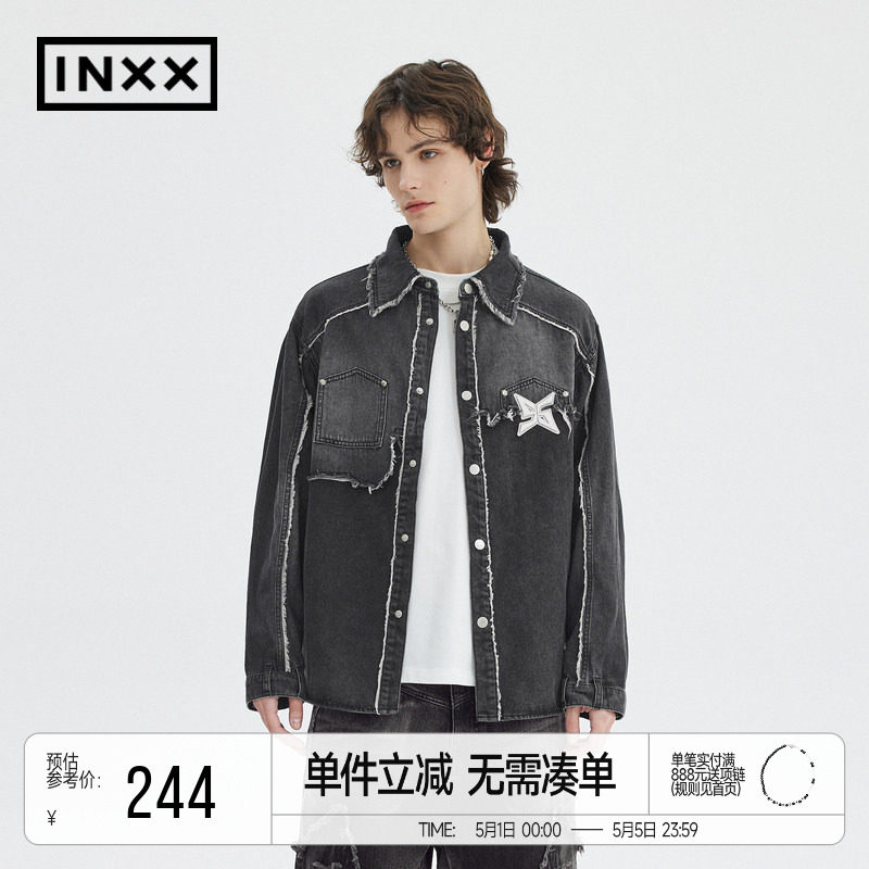INXXStandby 美式做旧牛仔衬衫外套男设计感毛边拼接宽松衬衣